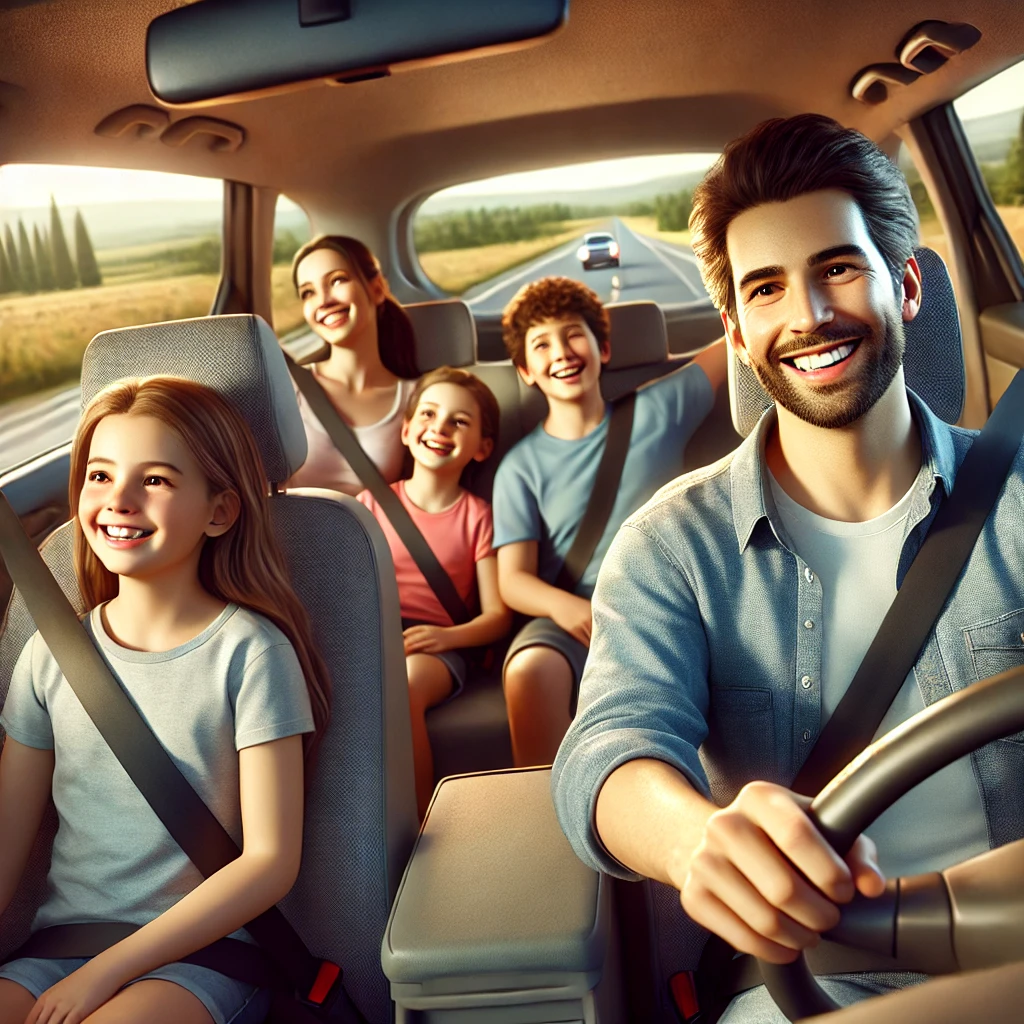 DALL·E 2024-09-13 20.14.56 – A realistic image of a happy family driving in a car, going on a road trip to the countryside. The parents are in the front seats, with the father dri