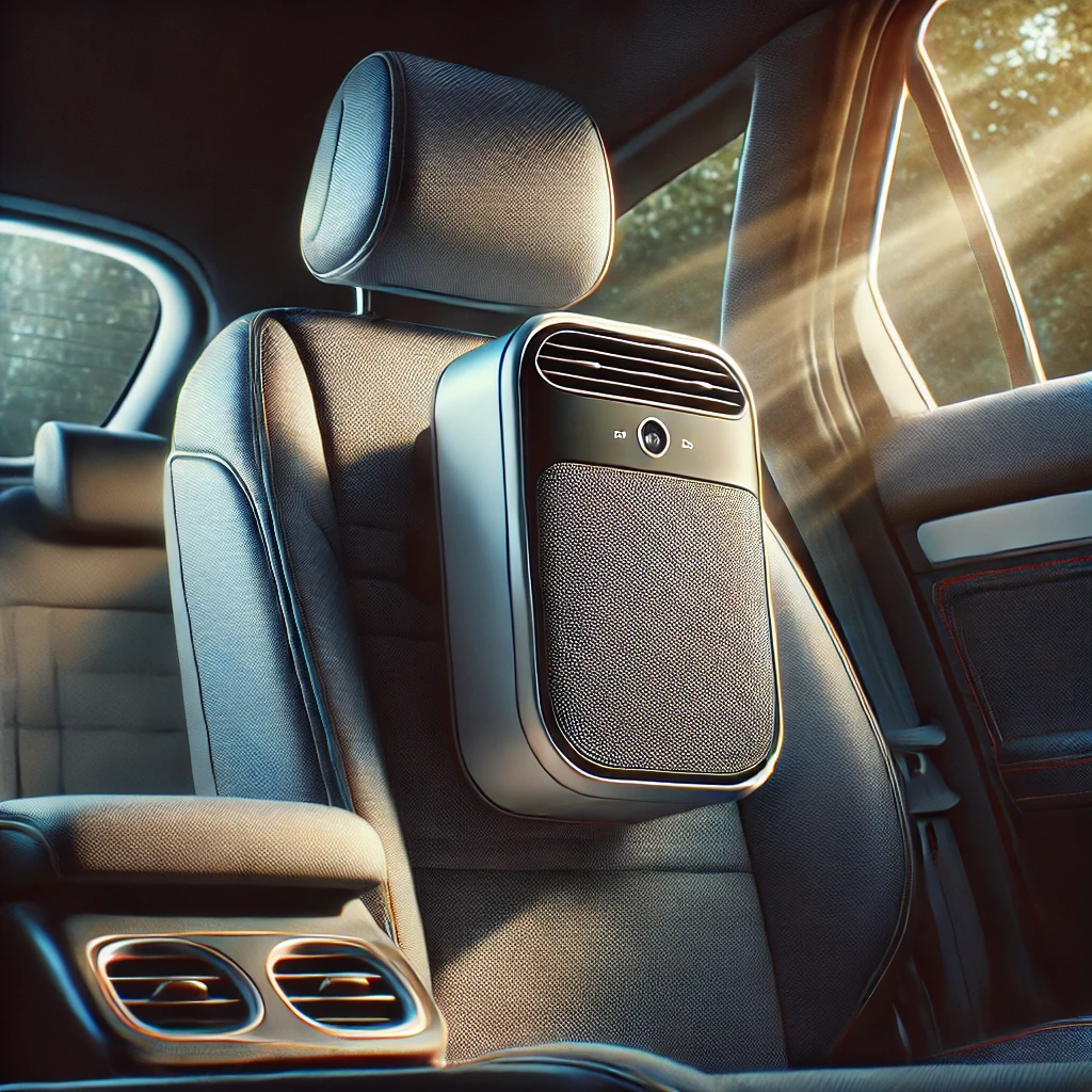 DALL·E 2024-09-27 11.33.33 – A realistic image of an air purifier attached to the back of a car seat. The compact device is securely mounted to the headrest, actively filtering th